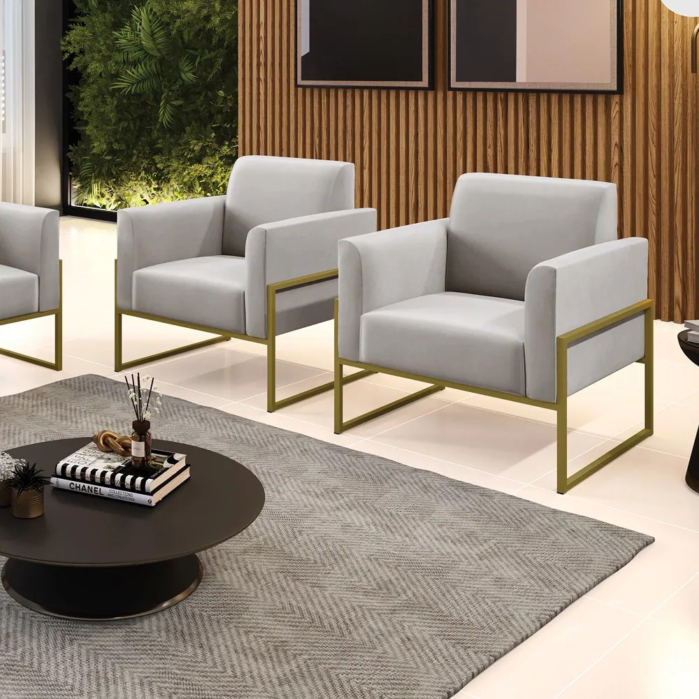 Kit 2 Poltronas Base Industrial Alta Dourado Marisa Veludo D03 - D'Rossi - Cinza