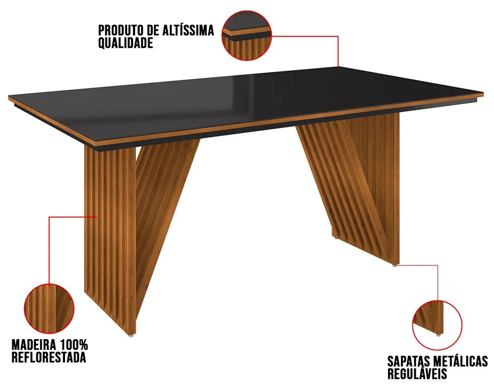 Mesa de Jantar Retangular Mia 160x90 cm Preto com Base de Madeira Mel - D'Rossi
