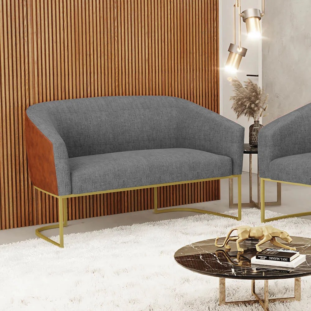 Sofá 2 Lugares Namoradeira Industrial Dourado Stella Noz/Linho Grafite D03 - D'Rossi