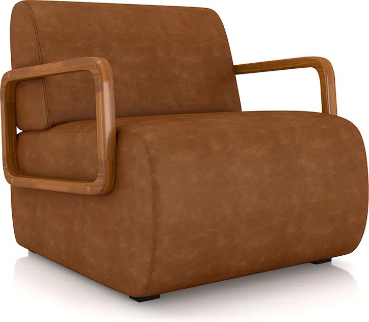 Poltrona Decorativa Sala de Estar Odessa Braços em Madeira PU Caramelo G33 - Gran Belo