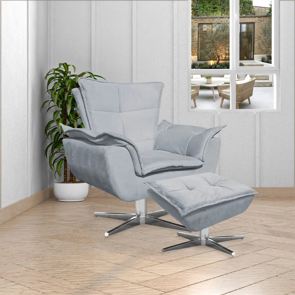 Kit 2 Poltronas Decorativas Base Giratória Cromada Charger Suede Cinza G19 - Gran Belo