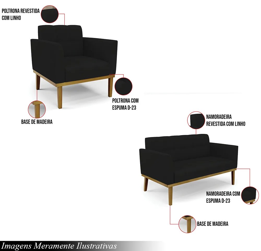 Conjunto Poltrona e Namoradeira Decorativas Karen Pés Fixo em Madeira Castanho Linho Preto G19 - Gran Belo