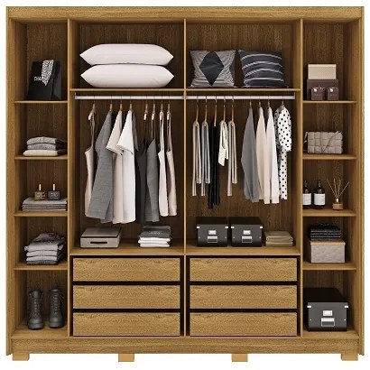 Guarda Roupa Com Espelho Pernambuco 6 Portas e 6 Gavetas Nature/Champanhe – Vila Rica Móveis