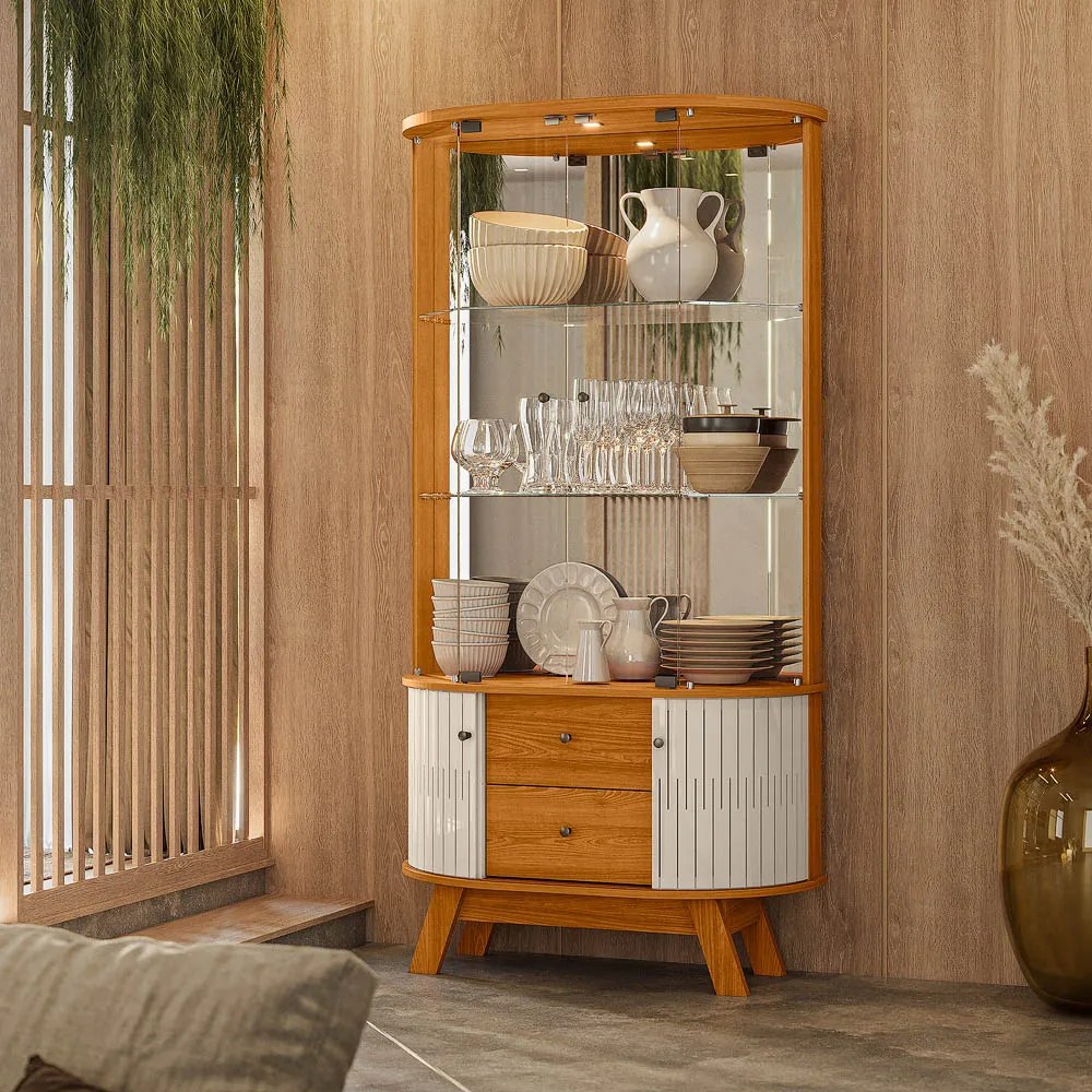 Cristaleira de Vidro com Led 91cm Sala de Jantar Zunari Cinamomo/Off White M20 - D'Rossi