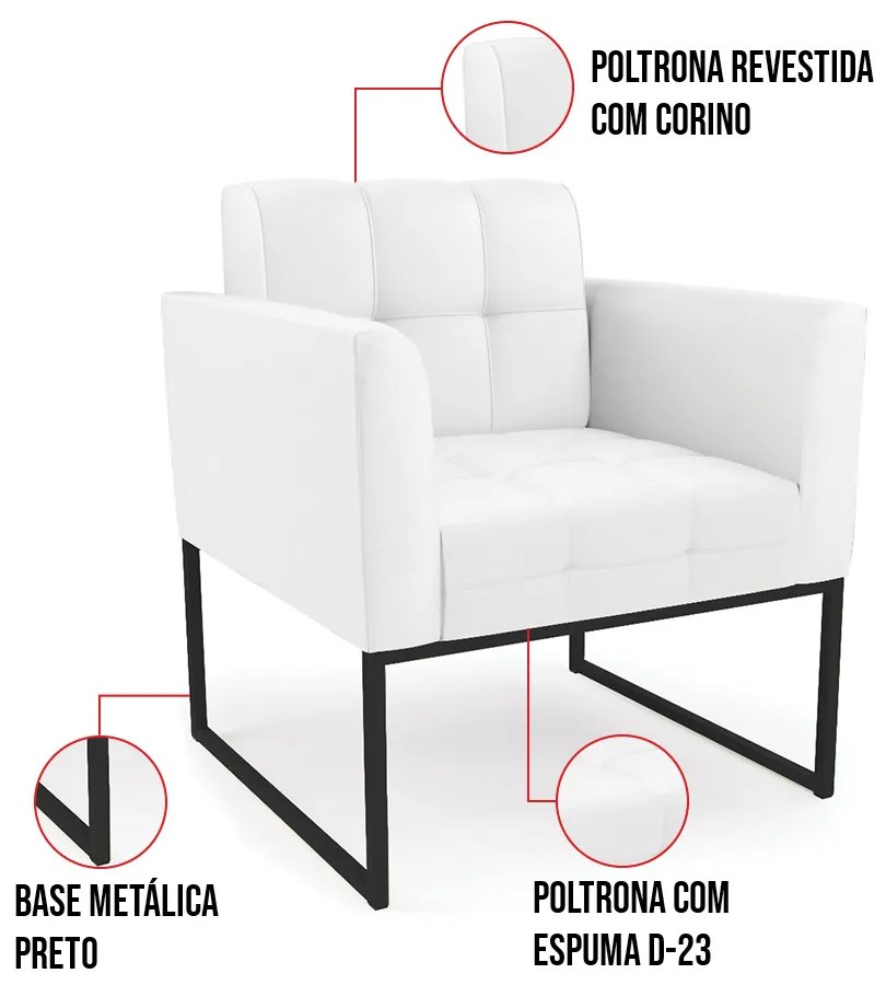 Kit 1 Sofá Namoradeira e 2 Poltronas Elisa Corino Base Metálica Industrial Preto D03 - D'Rossi - Branco