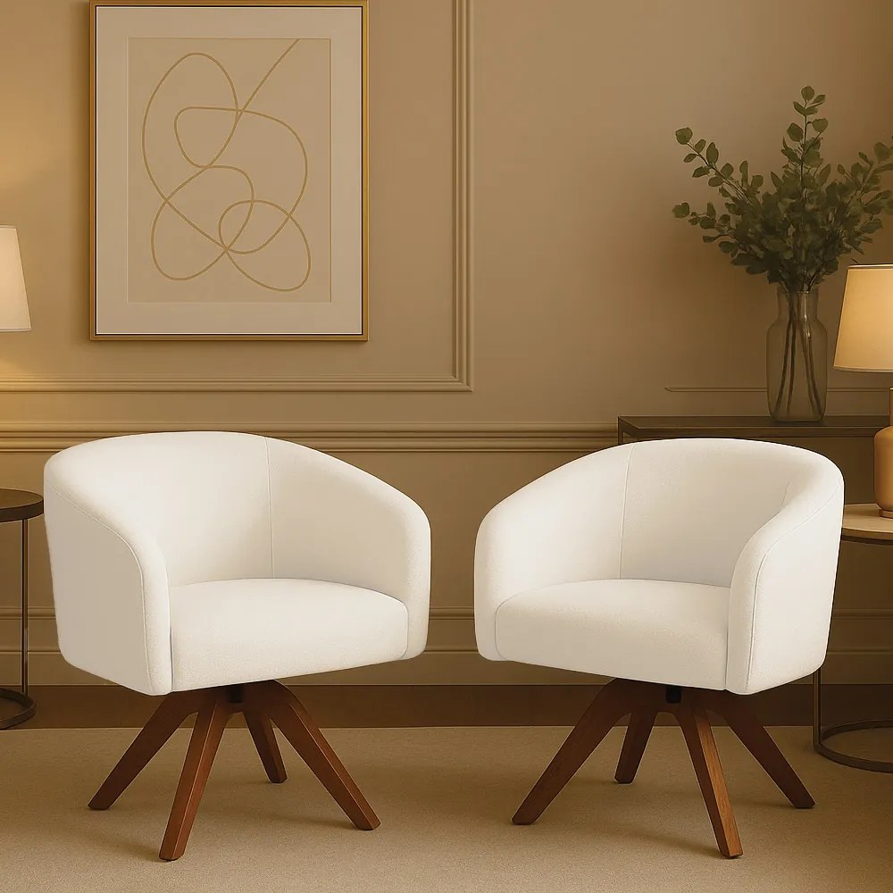 Poltrona Sala Base Giratória Madeira Kit 2 Arielle Bouclê Off White D03 - D'Rossi