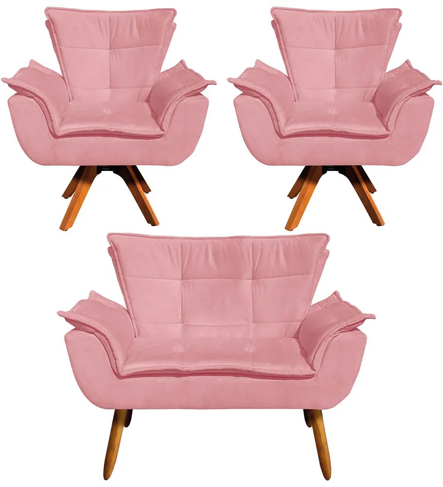 Sofá Namoradeira e 2 Poltronas Giratória MM30 Opala Suede D03 - D'Rossi - Rose