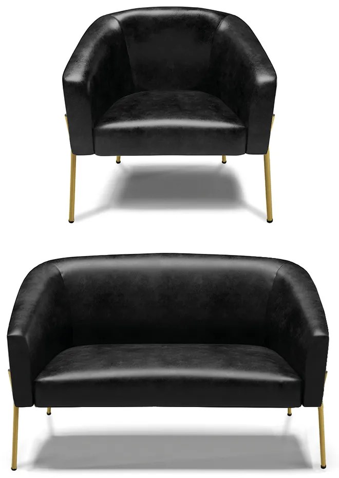 Sofá Namoradeira e Poltrona Pé de Ferro Dourado Stella Sintético PU 03 - D'Rossi - Preto