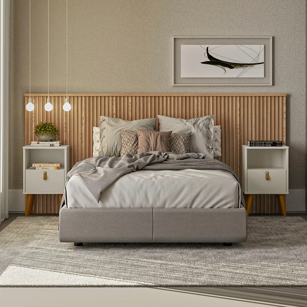 Conjunto Cabeceira Noronha 240cm e 2 Mesas de Cabeceira Ilhéus Carvalho/Off White G77 - Gran Belo