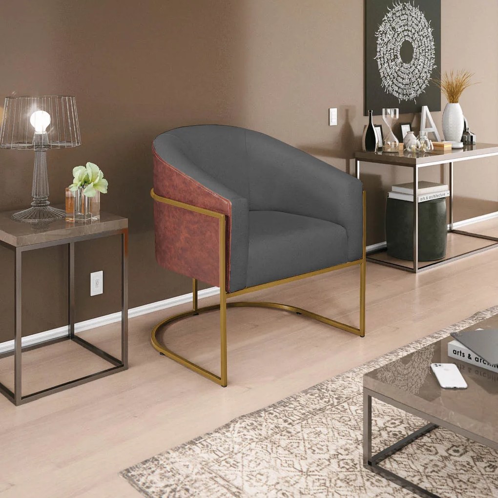 Kit 02 Poltronas Luiza Base de Ferro Dourado Corano Nozes e Linho Chumbo - ADJ Decor