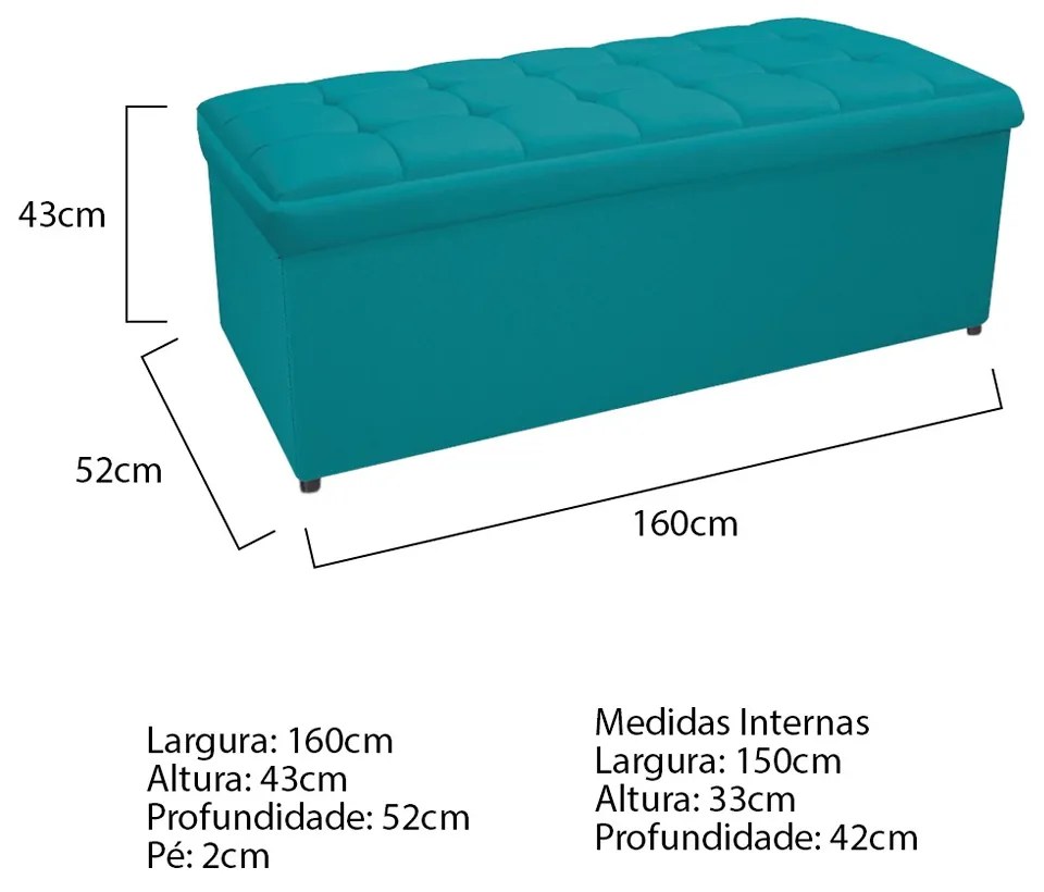 Calçadeira Copenhague 160 cm Queen Size Suede Azul Turquesa - ADJ Decor