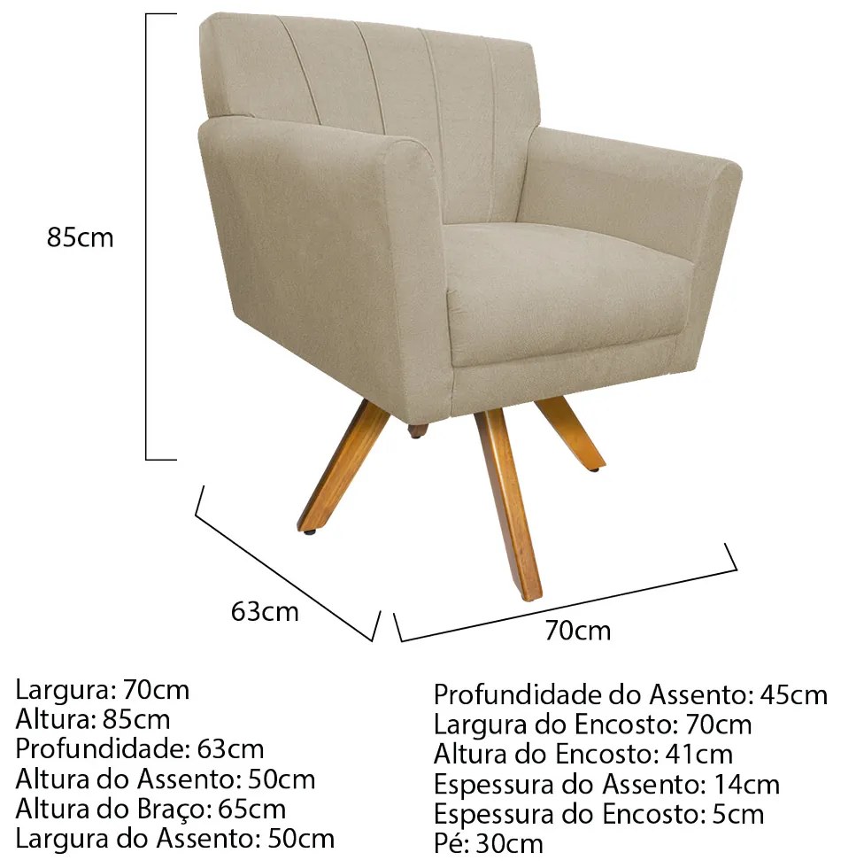 Poltrona Laura Base Giratória de Madeira Suede Bege - ADJ Decor