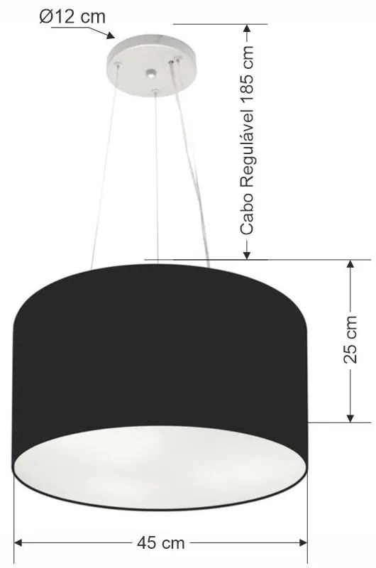 Lustre Pendente Cilíndrico Md-4186 Cúpula em Tecido 45x25cm Preto - Bivolt