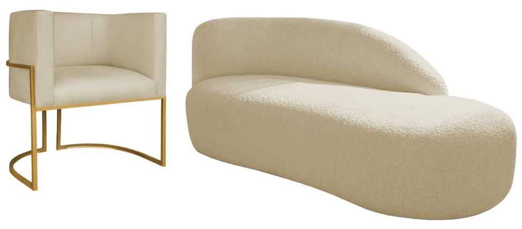 Kit Divã Luna 160cm Lado Direito e 01 Poltrona Base de Ferro Dourada Suede