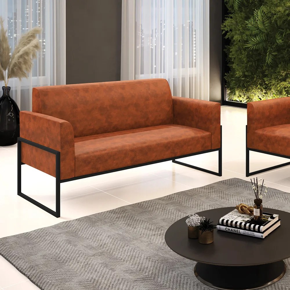 Sofá 2 Lugares Namoradeira Marisa Industrial Alta Preto Sintético Pu D03 - D'Rossi - Nozes