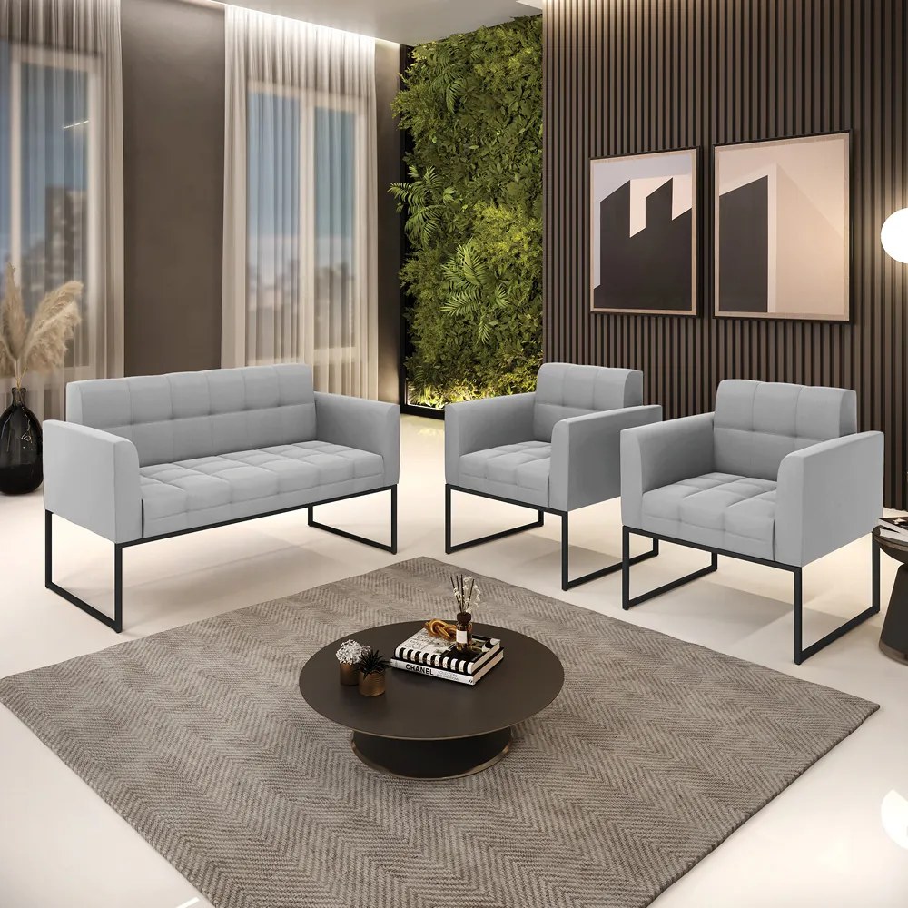 Kit 1 Sofá Namoradeira e 2 Poltronas Elisa Suede Cinza Base Metálica Industrial Preto - D'Rossi