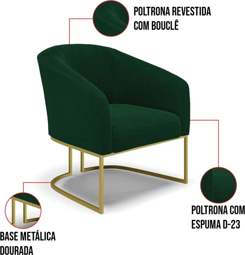 Cadeira Sala de Jantar Base Industrial Dourada Kit 2 Stella Bouclê D03 - D'Rossi - Verde