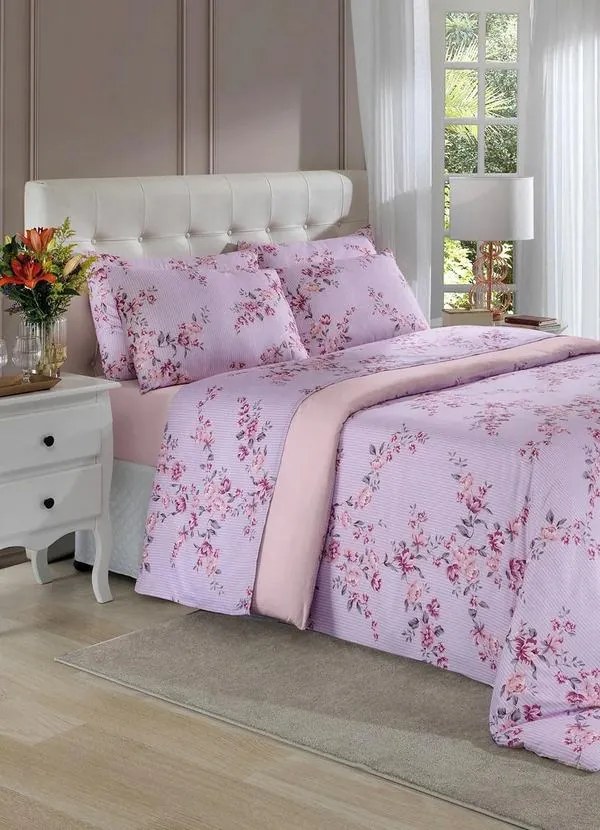 Jogo de Cama Floral Lilás Solteiro 3 Peças