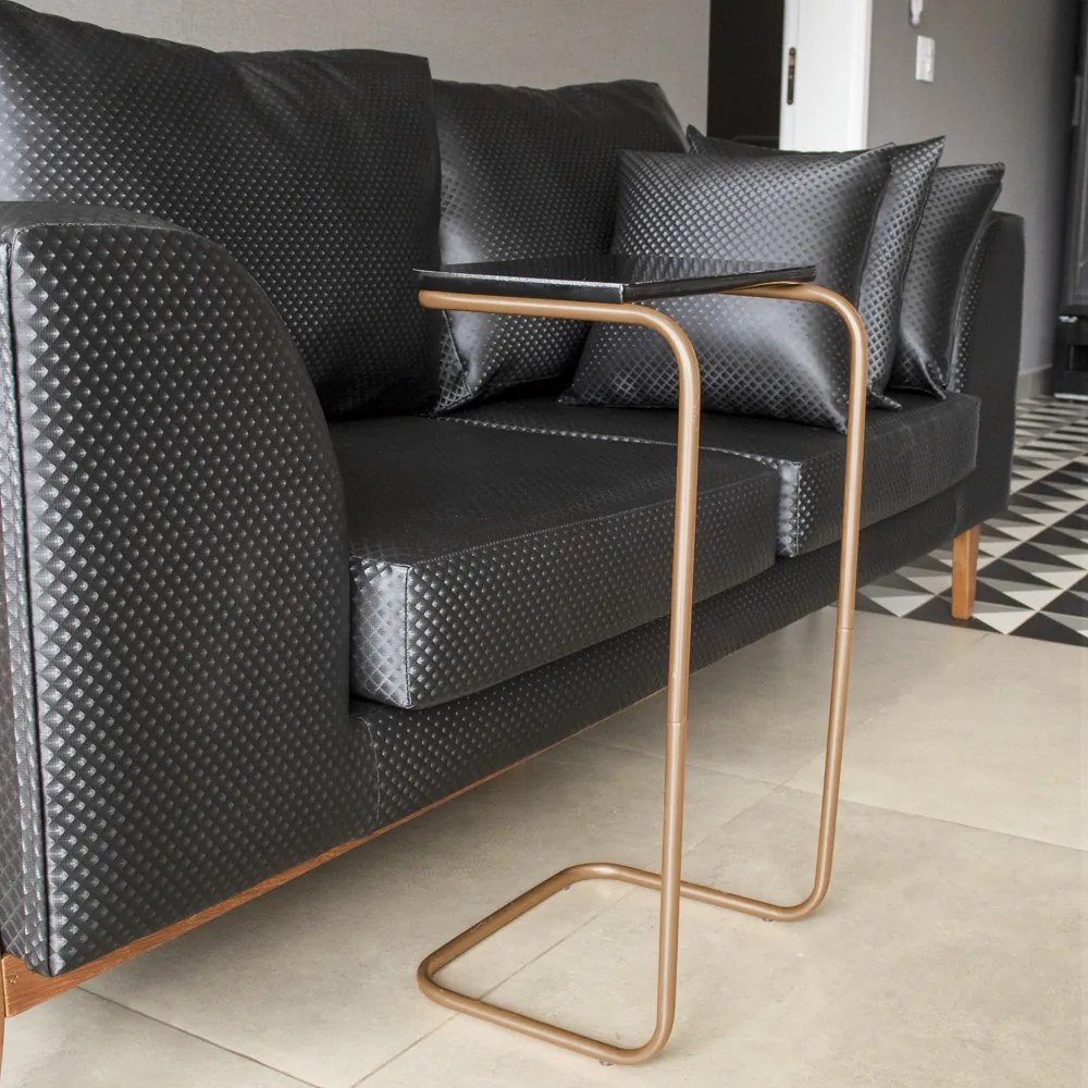 Mesa Lateral Tampo Multiuso Para Sofá Base Dourado - D'Rossi - Preto