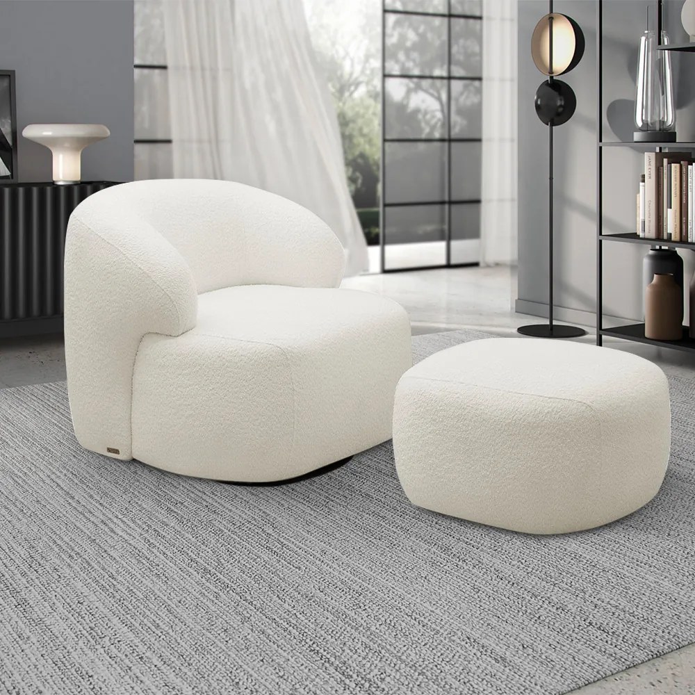 Conjunto Sala de Estar Decorativo Charlote 1 Poltrona Namoradeira 150cm 1 Poltrona Base Giratória em Aço com Puff Bouclê Off White G88 - Gran Belo