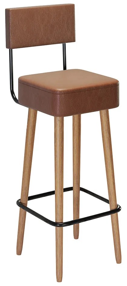 Banqueta Alta Cozinha 70cm Encosto Pé Madeira Barcelona PU Marrom S02 - D'Rossi