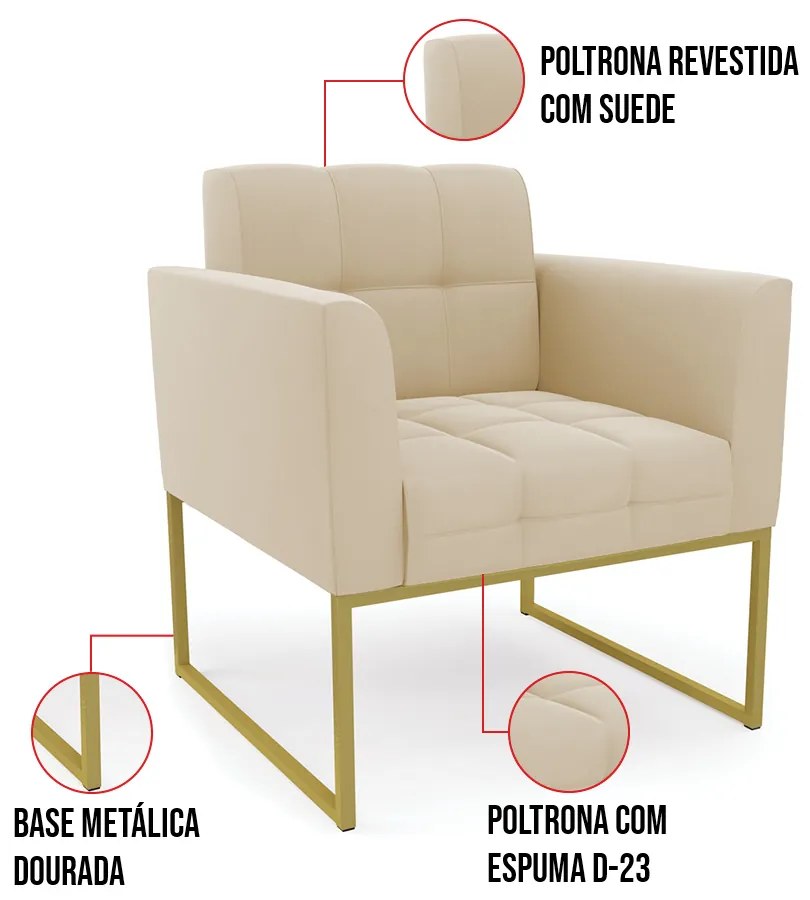 Kit 1 Sofá Namoradeira e 2 Poltronas Elisa Suede Base Metálica Industrial Dourado D03 - D'Rossi - Bege