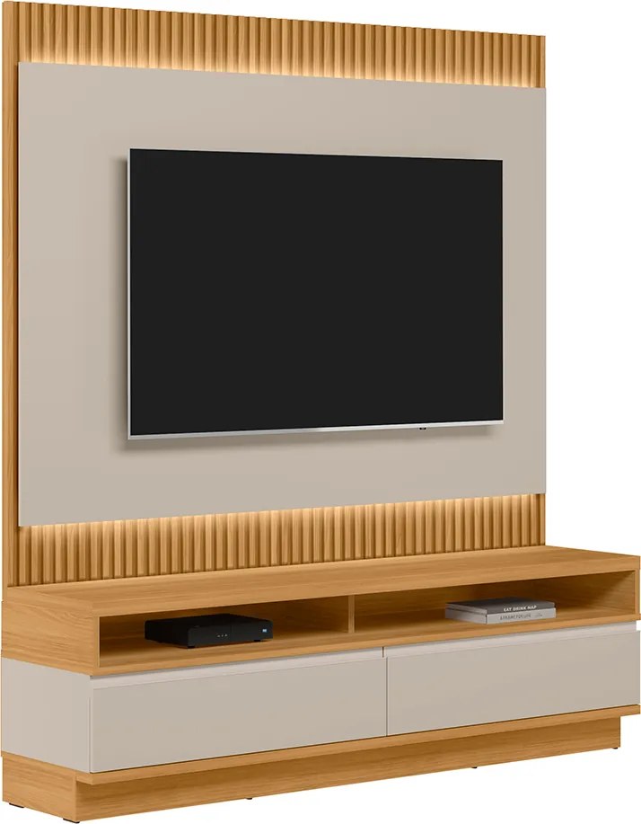Painel com Rack Bancada Singapura 180cm MDP/MDF TV até 70 Ripado Tauari/Off White G77 - Gran Belo