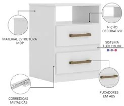 Kit 2 Mesas de Cabeceira 2 Gavetas Apolo Branco/Rosa/Azul/Lilás - Mova