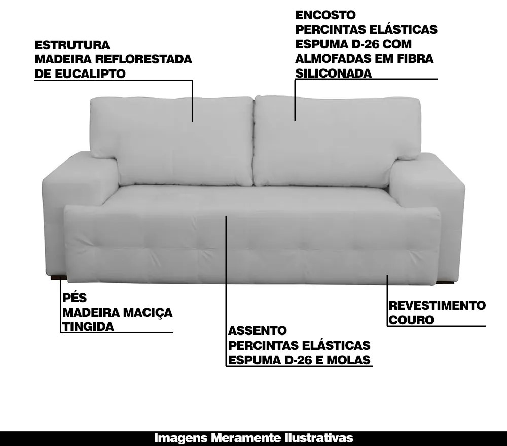 Sofá 3 Lugares Sala de Estar Roma 230 cm Couro Branco G58 - Gran Belo