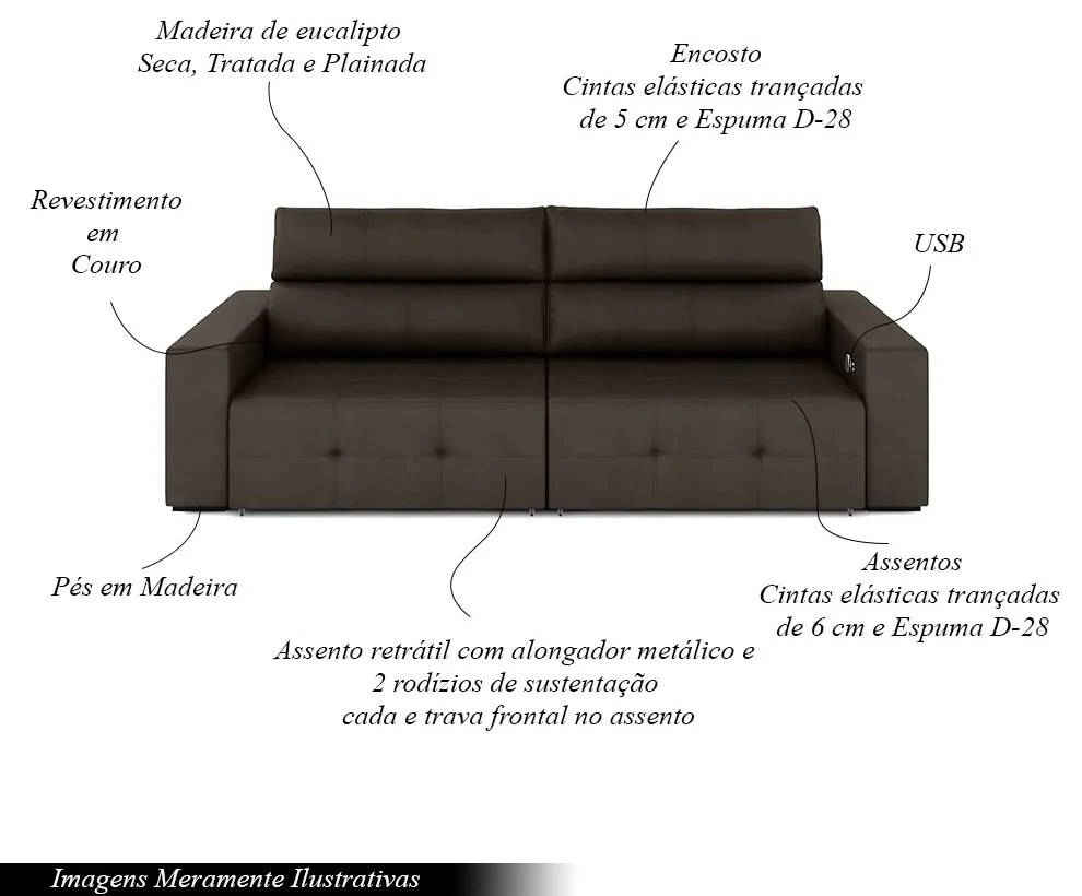 Sofá Retrátil 3 Lugares 244cm 2 Módulos Nero com USB Couro Marrom G52 - Gran Belo
