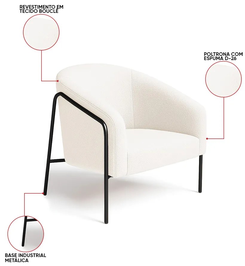 Poltrona Sala Industrial Alta Preto Kit 2 Stella Bouclê D03 - D'Rossi - Off White