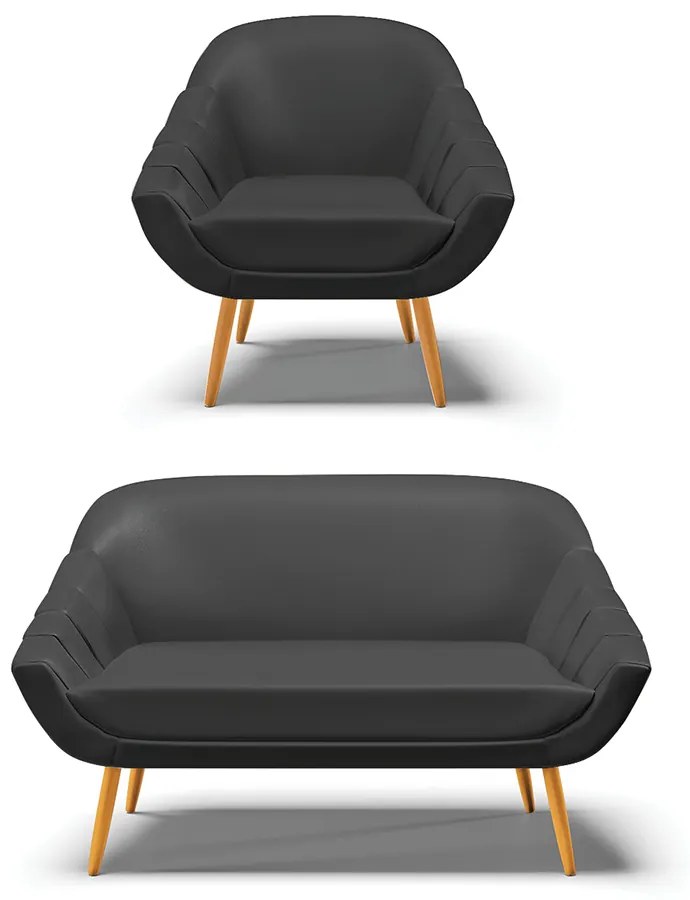 Kit 01 Namoradeira 02 Lugares e 01 Poltrona Giovana Corino Preto Pés Palito Castanho - Indo Decorar