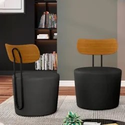 Kit 2 Poltronas Decorativas Redondas 53cm Le Moon Z32 PU Preto - Mpoze