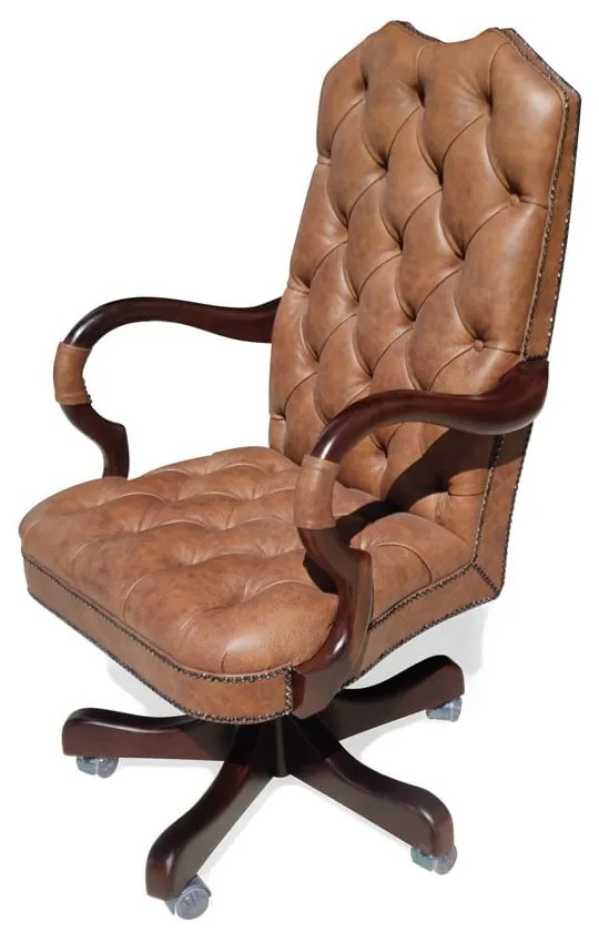 Poltrona Giratória Luxo Capitonê Couro Natural com Tachas Ajuste de Altura e Relax Estrutura Madeira Eucalipto Base com Rodízios Design Clássico