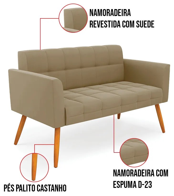 Kit 1 Sofá Namoradeira e 2 Poltronas Elisa Suede Pés Palito Castanho D03 - D'Rossi - Marrom Rato