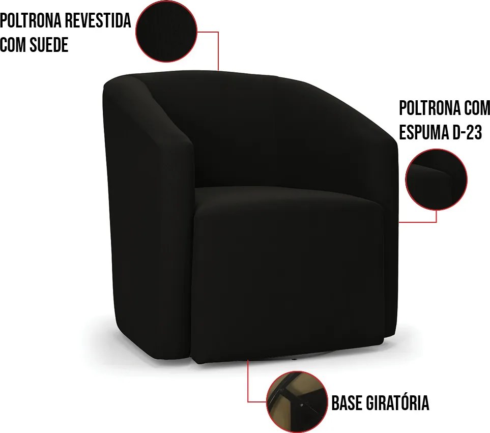 Poltrona Decorativa Base Giratória Stella Max Suede Preto D03 - D'Rossi