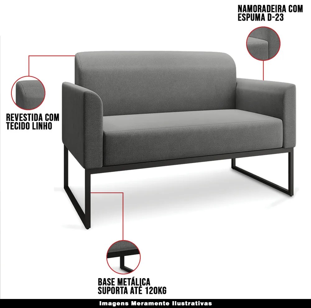 Poltrona Namoradeira Decorativa Isabella Base Industrial Linho Grafite/Preto G19 - Gran Belo