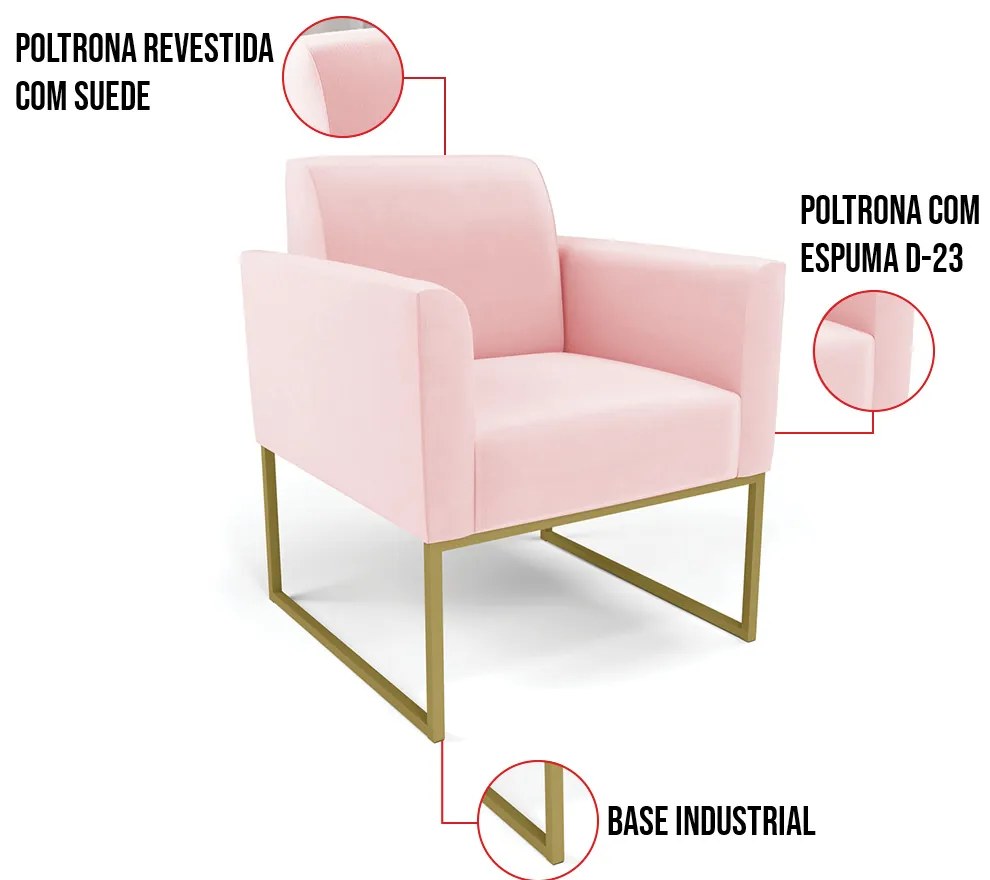 Kit 2 Poltronas Base Industrial Dourado Marisa Suede - Rosa Bebê