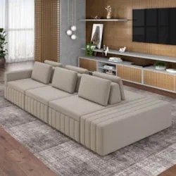 Sofá Ilha e Puff Sala Living 365cm Siesta Z32 Veludo Bege  - Mpozenato