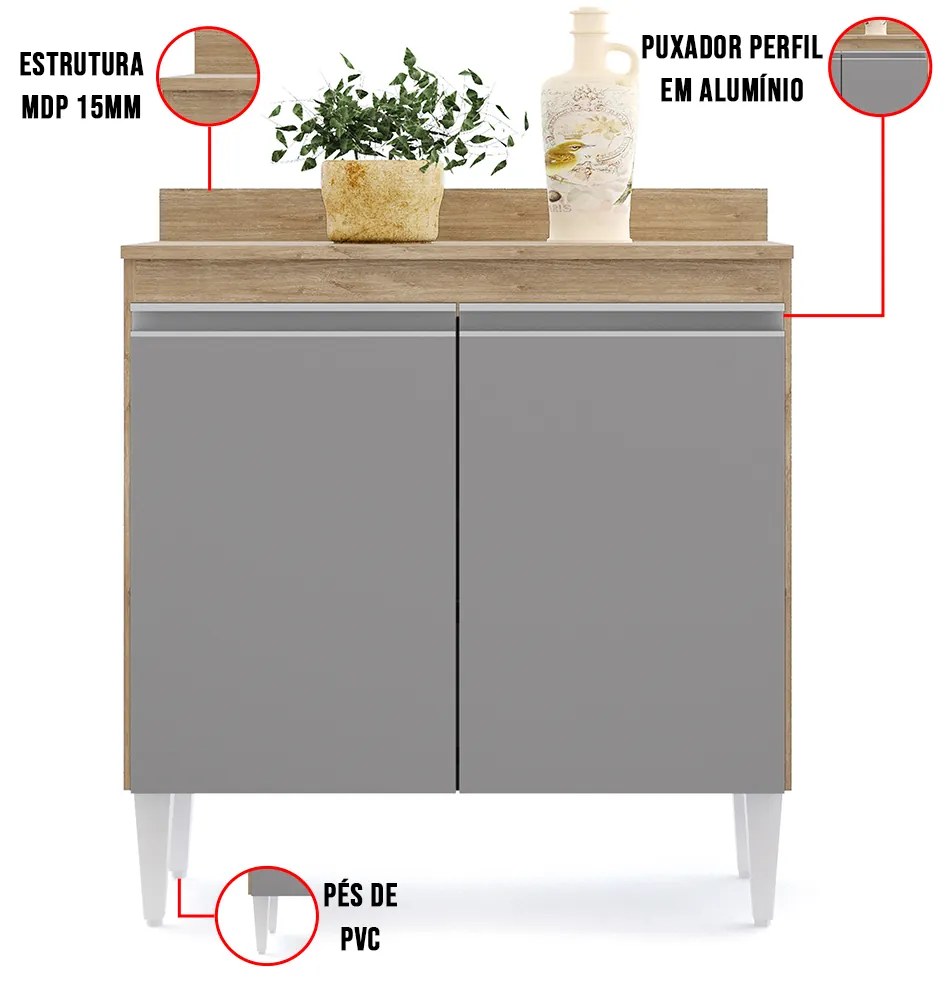 Balcão de Cozinha Lavanderia com Tampo 02 Portas Sara 80 cm L06 - D'Rossi - Castanho e Cinza
