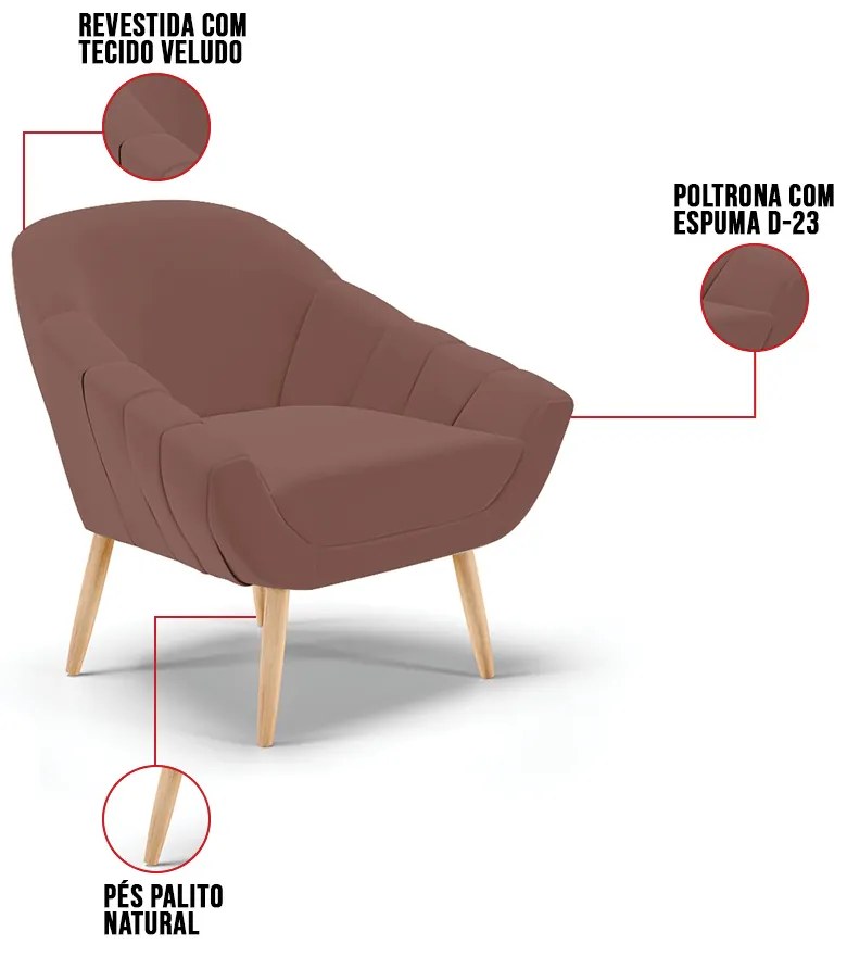 Poltrona Giovana Veludo Pés Palito Natural D03 - D'Rossi - Rose