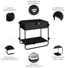 Mesa de Cabeceira Quarto 60cm 1 Gaveta Mario Nero/Preto A10 - Mpozenat