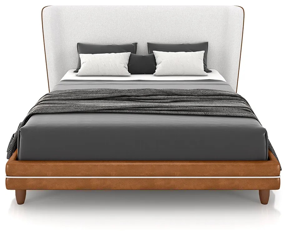 Conjunto Cama com Cabeceira Casal Torres Pés em Madeira PU/Bouclê Caramelo/Off White G91 - Gran Belo
