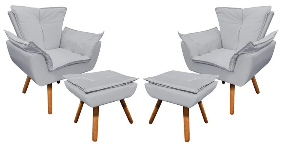 02 Poltronas e 02 Puffs Pé Palito de Madeira Opala Corino D03 - D'Rossi - Cinza