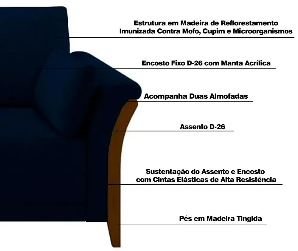 Sofá Decorativo 3 Lugares 222cm Market Veludo Azul Marinho G45 - Gran Belo