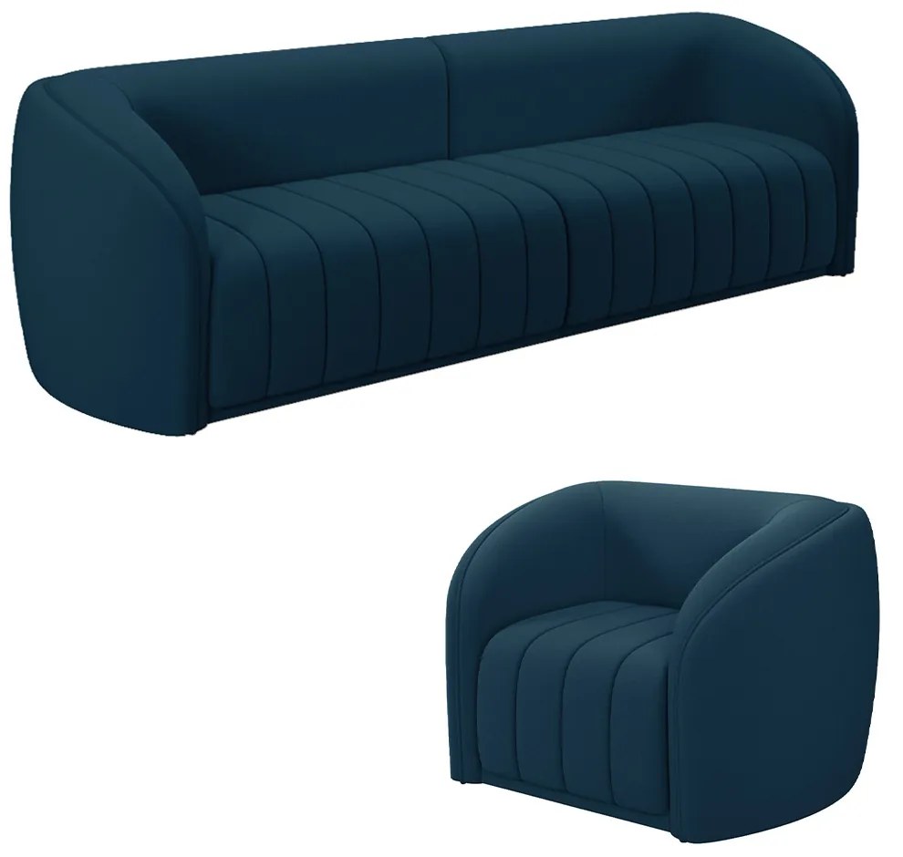 Conjunto Sala de Estar Sofá 252cm 3 Lugares e Poltrona Adam Veludo Azul Marinho G45 - Gran Belo