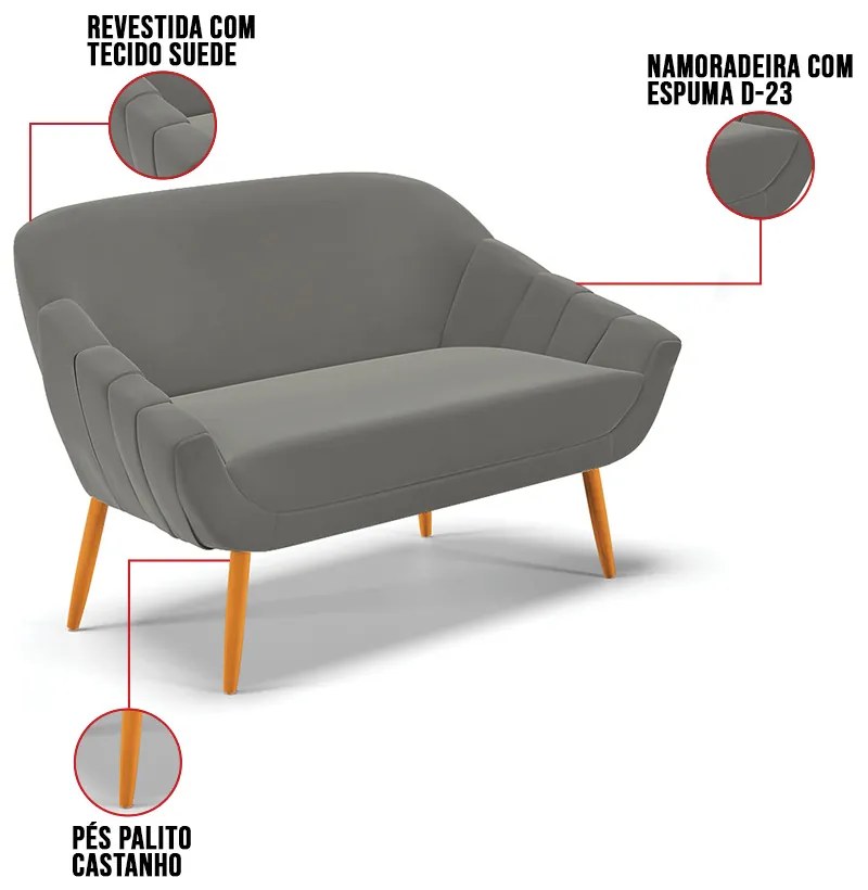 Namoradeira 02 Lugares Giovana Suede Pés Palito Castanho D03 - D'Rossi - Grafite