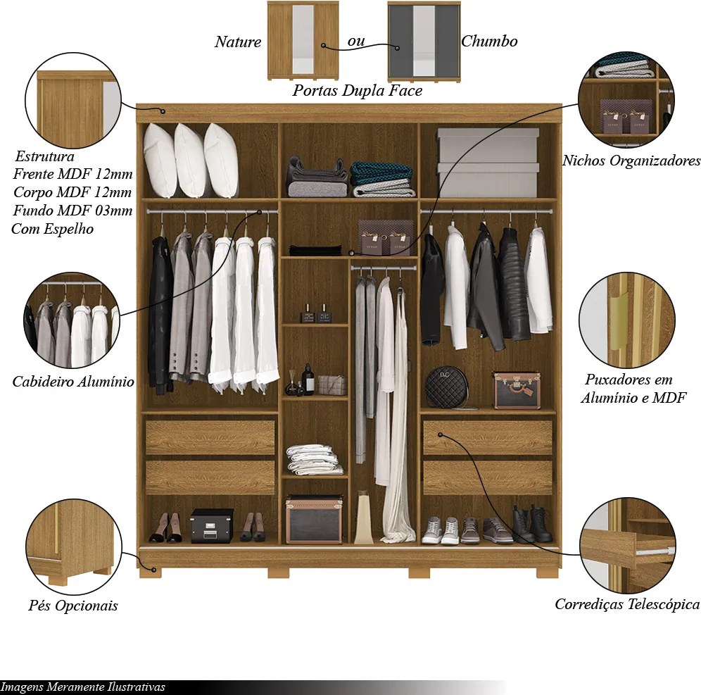 Guarda Roupa Casal Heros 3 Portas de Correr Dupla Face com Espelho MDF Nature/Chumbo G98 - Gran Belo