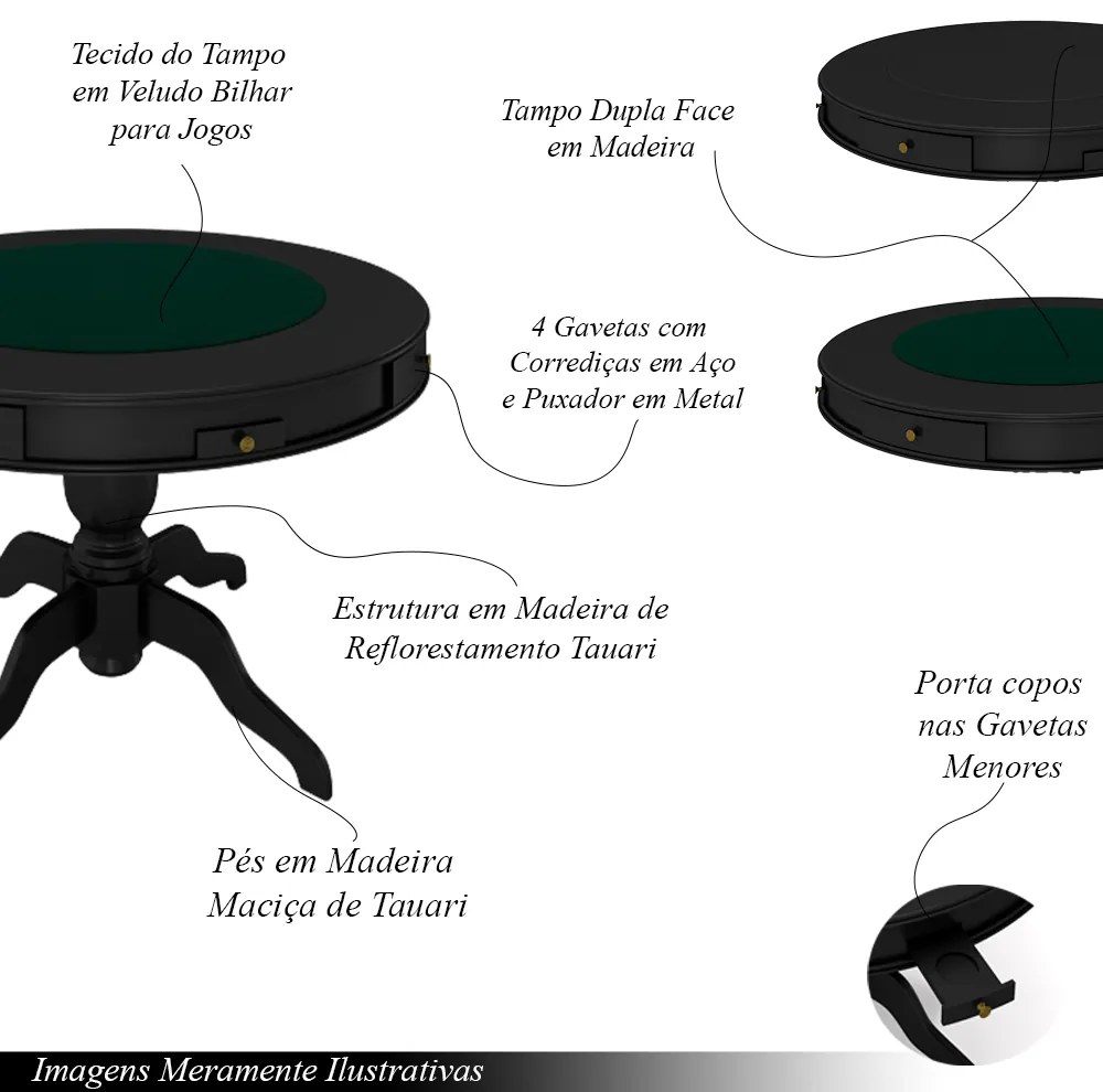 Conjunto Mesa de Jogos Carteado Bellagio Tampo Reversível e 4 Cadeiras Madeira Poker Base Estrela PU OffWhite/Preto G42 - Gran Belo