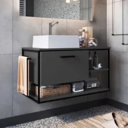 Gabinete de Banheiro Suspenso 80cm com Cuba Yuri Grafite Z54 - Mpozena